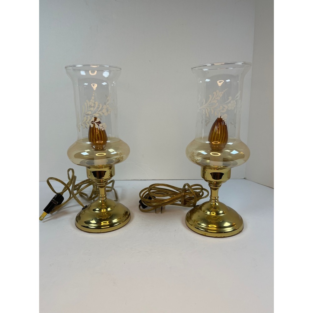 Vintage Copper Craft Brass Electric Hurricane Lamps Pair Etched Glass Chimney